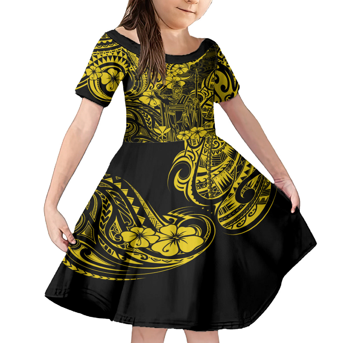 Hawaii King Kamehameha Family Matching Summer Maxi Dress and Hawaiian Shirt Polynesian Pattern Yellow Version LT01 Daughter's Dress Yellow - Polynesian Pride