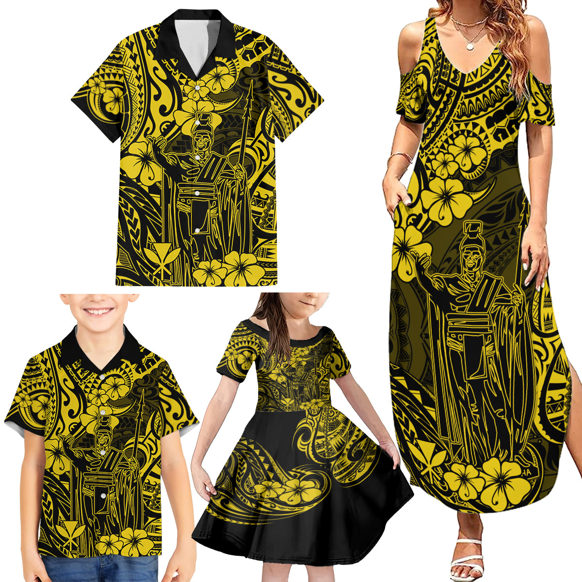 Hawaii King Kamehameha Family Matching Summer Maxi Dress and Hawaiian Shirt Polynesian Pattern Yellow Version LT01 - Polynesian Pride