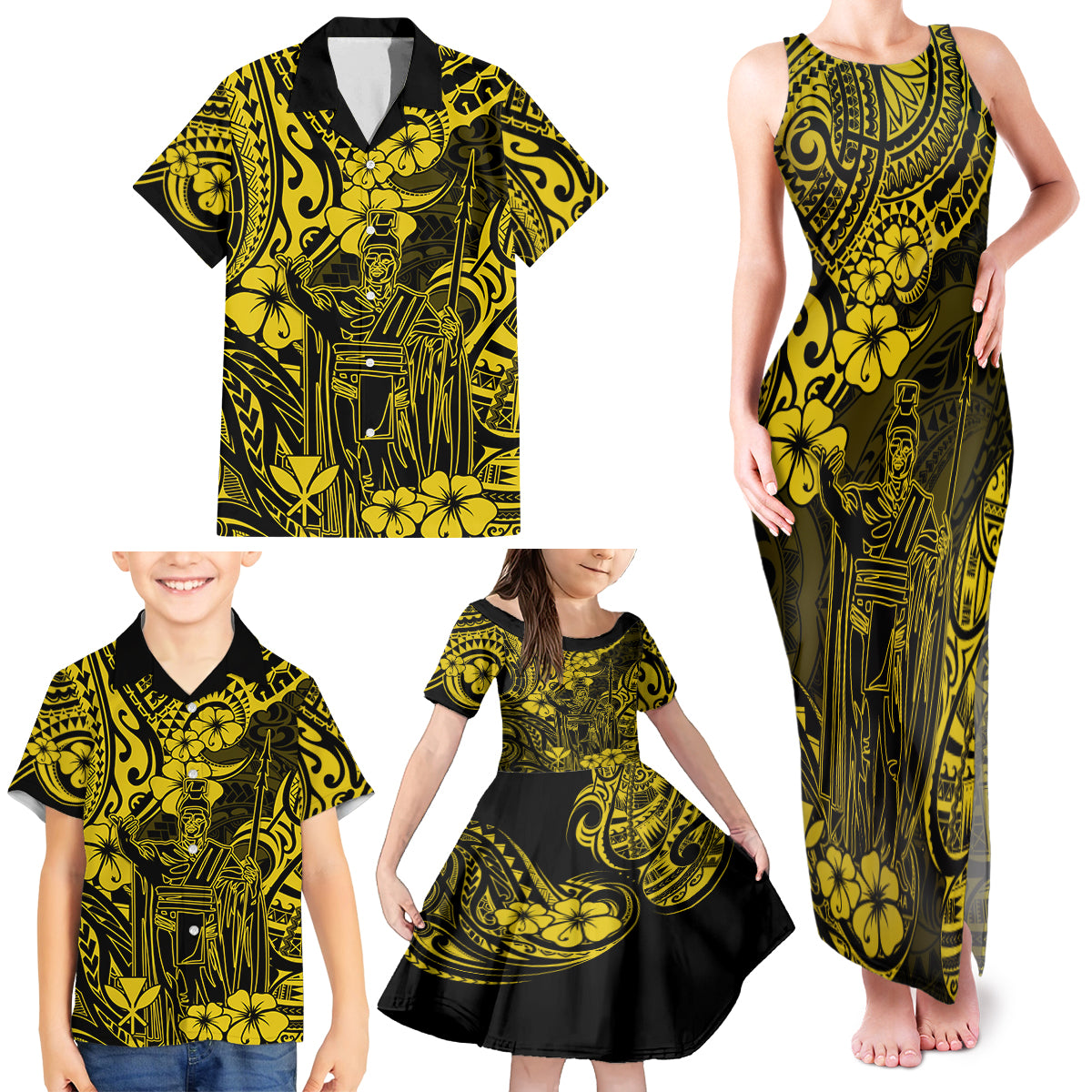 Hawaii King Kamehameha Family Matching Tank Maxi Dress and Hawaiian Shirt Polynesian Pattern Yellow Version LT01 - Polynesian Pride