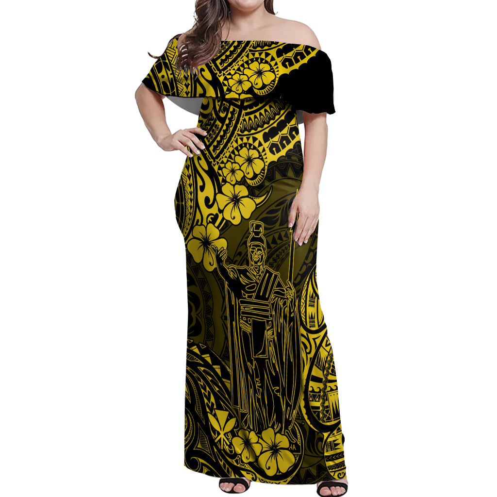Hawaii King Kamehameha Off Shoulder Maxi Dress Polynesian Pattern Yellow Version LT01 Women Yellow - Polynesian Pride