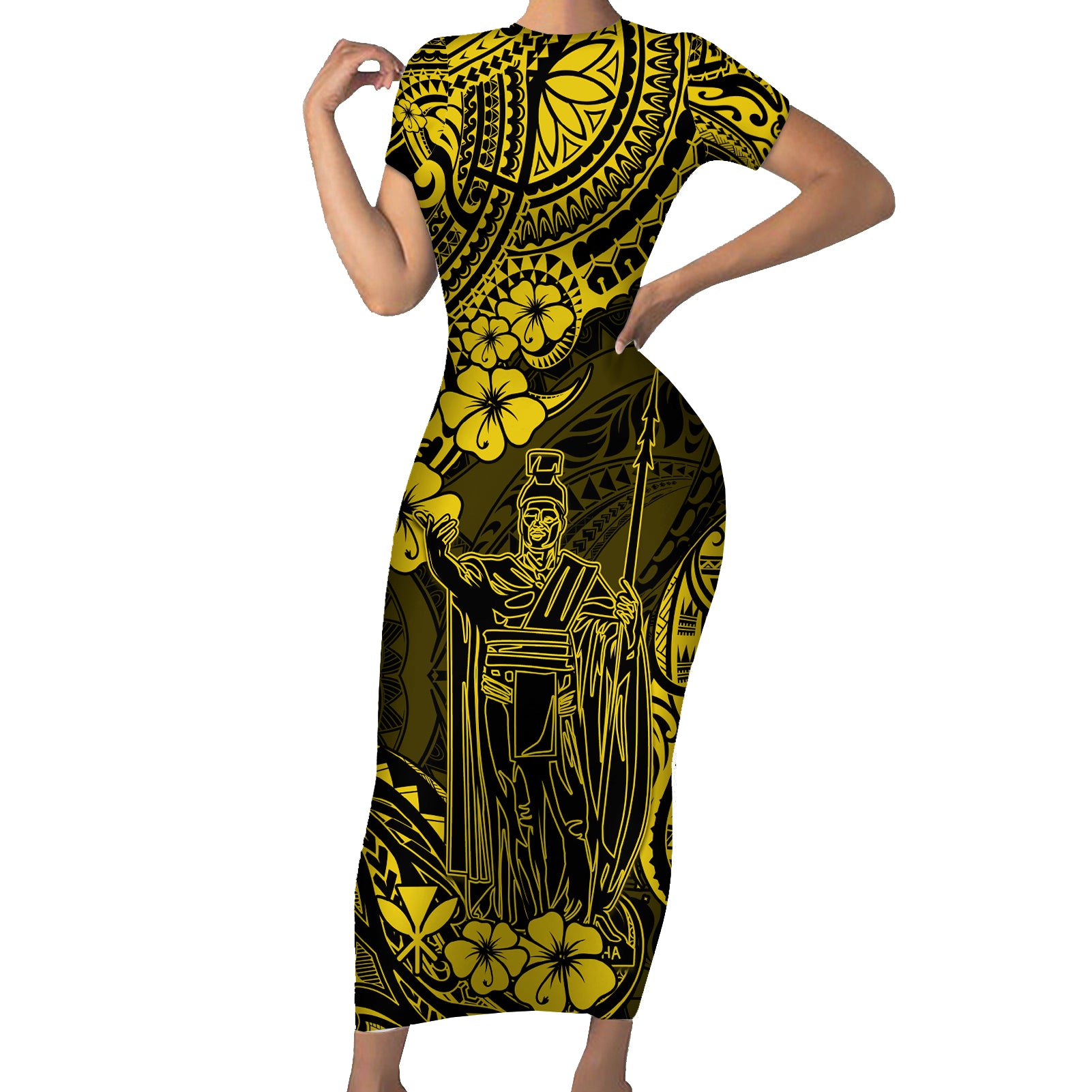 Hawaii King Kamehameha Short Sleeve Bodycon Dress Polynesian Pattern Yellow Version LT01 Long Dress Yellow - Polynesian Pride