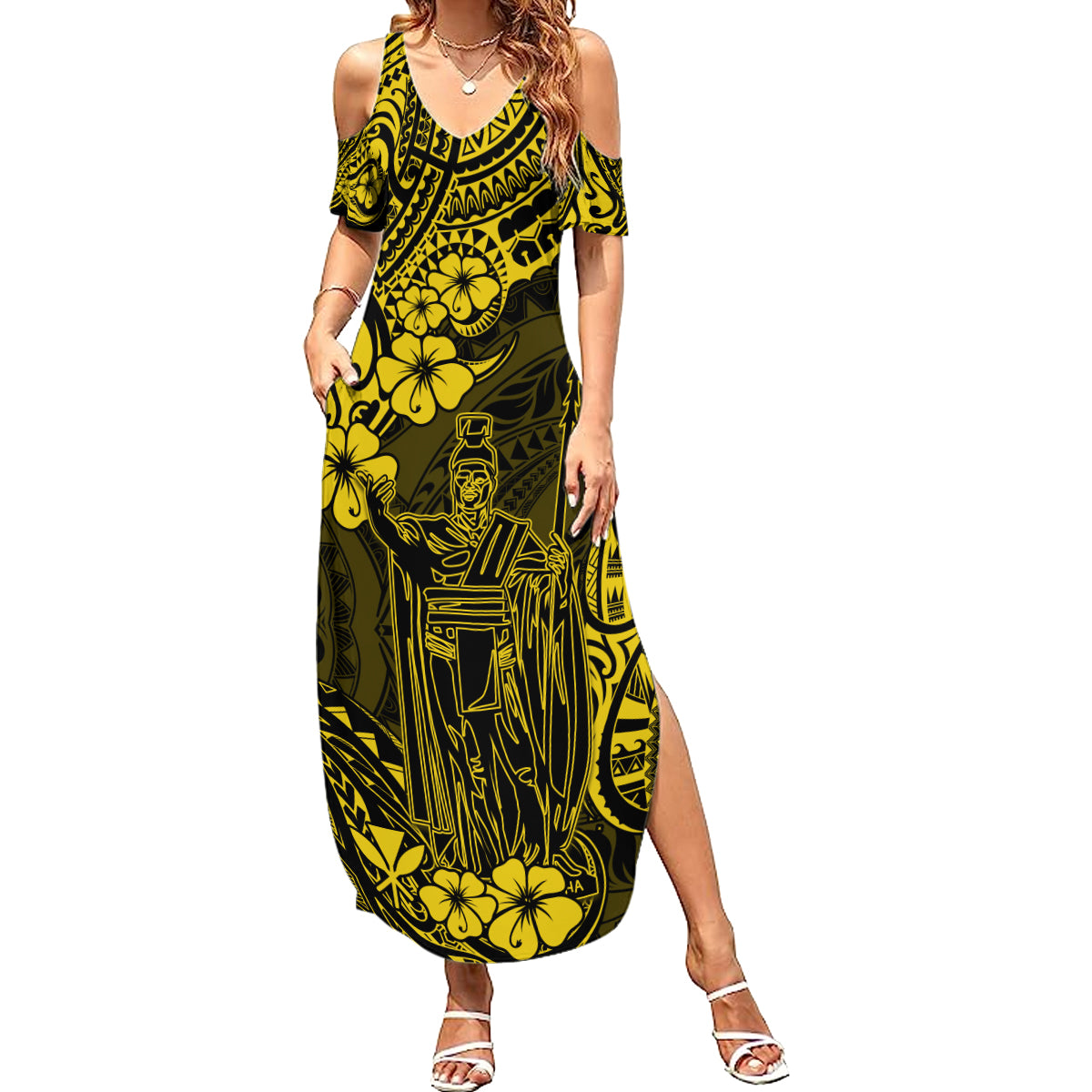 Hawaii King Kamehameha Summer Maxi Dress Polynesian Pattern Yellow Version LT01 Women Yellow - Polynesian Pride