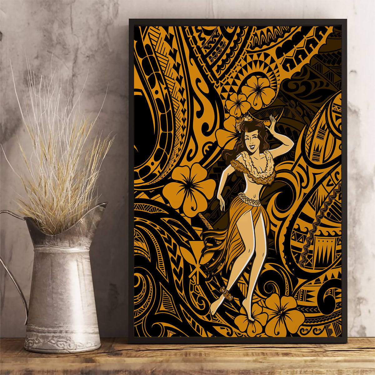Hawaii Hula Girl Canvas Wall Art Polynesian Pattern Gold Version LT01 - Polynesian Pride