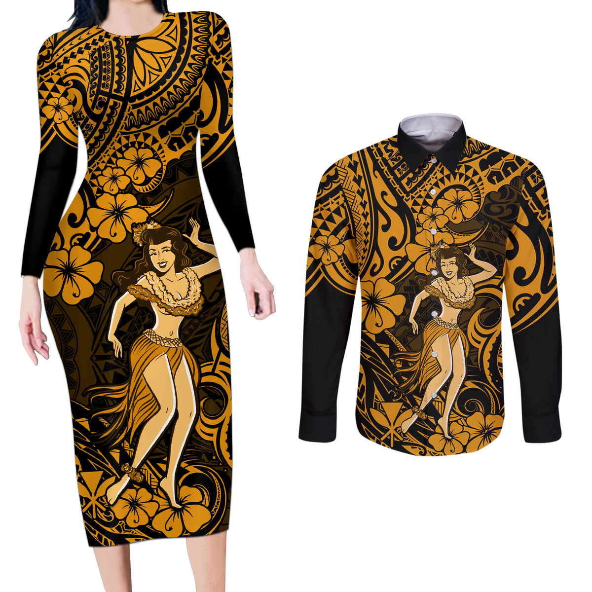 Hawaii Hula Girl Couples Matching Long Sleeve Bodycon Dress and Long Sleeve Button Shirts Polynesian Pattern Gold Version LT01 Gold - Polynesian Pride