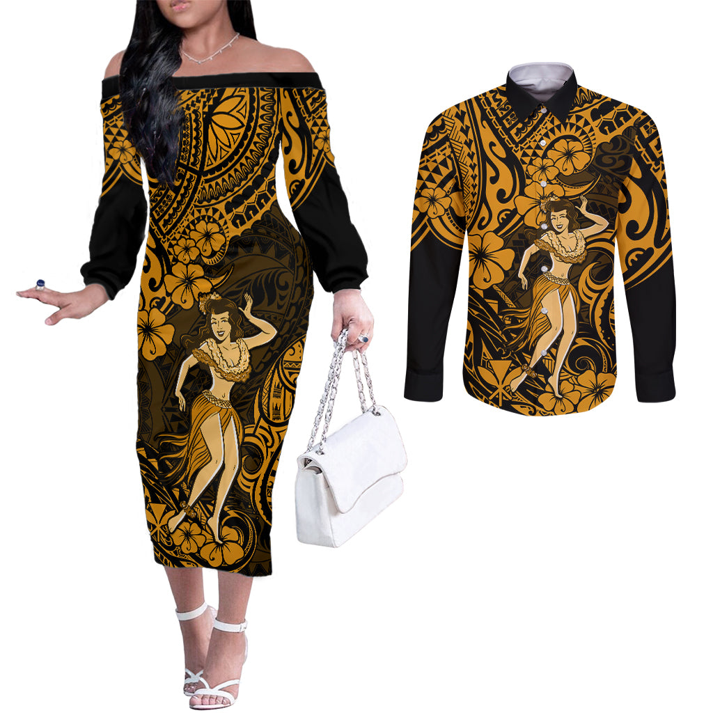 Hawaii Hula Girl Couples Matching Off The Shoulder Long Sleeve Dress and Long Sleeve Button Shirts Polynesian Pattern Gold Version LT01 Gold - Polynesian Pride