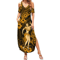 Hawaii Hula Girl Family Matching Summer Maxi Dress and Hawaiian Shirt Polynesian Pattern Gold Version LT01 Mom's Dress Gold - Polynesian Pride