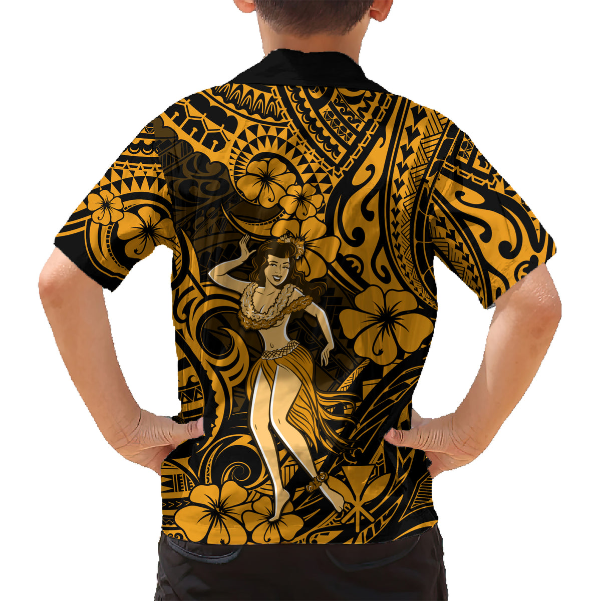 Hawaii Hula Girl Kid Hawaiian Shirt Polynesian Pattern Gold Version LT01 - Polynesian Pride