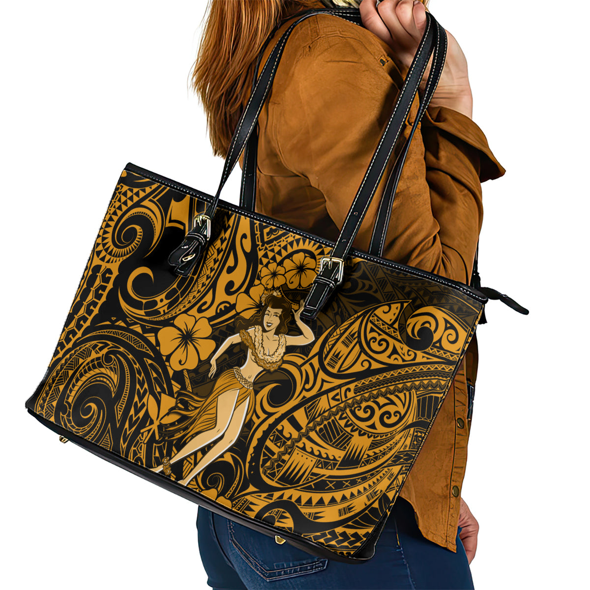 Hawaii Hula Girl Leather Tote Bag Polynesian Pattern Gold Version LT01 - Polynesian Pride