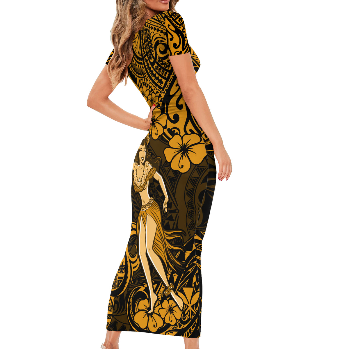 Hawaii Hula Girl Short Sleeve Bodycon Dress Polynesian Pattern Gold Version LT01 - Polynesian Pride