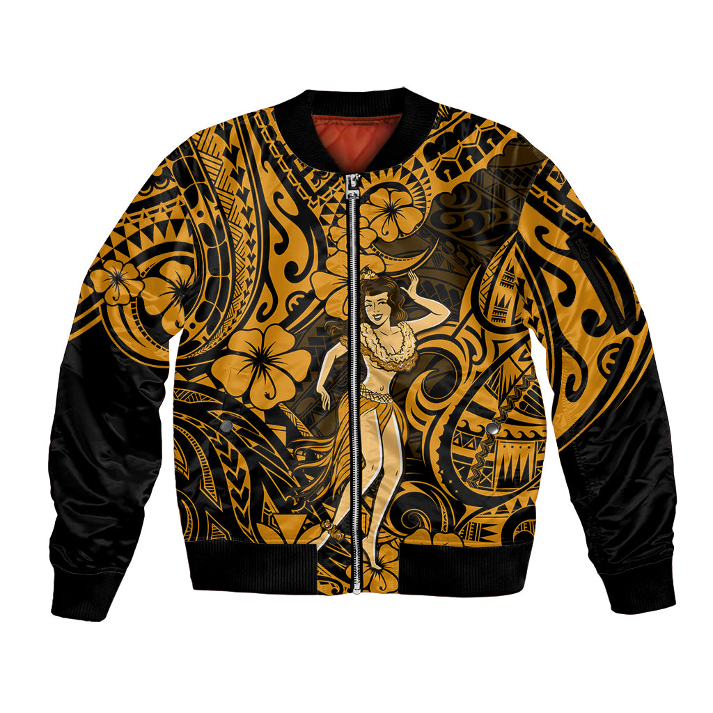 Hawaii Hula Girl Sleeve Zip Bomber Jacket Polynesian Pattern Gold Version LT01 Unisex Gold - Polynesian Pride