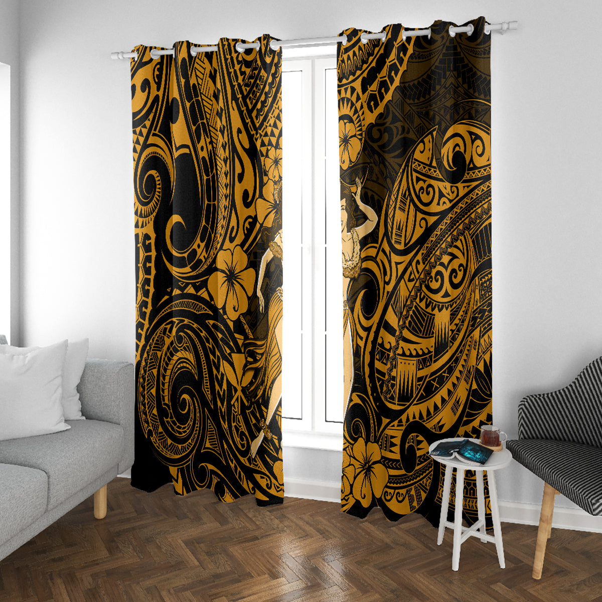 Hawaii Hula Girl Window Curtain Polynesian Pattern Gold Version LT01 - Polynesian Pride