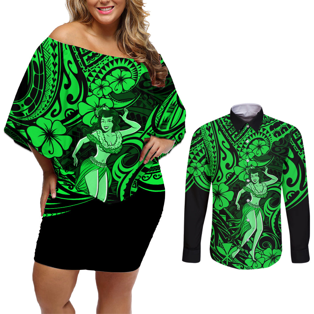 Hawaii Hula Girl Couples Matching Off Shoulder Short Dress and Long Sleeve Button Shirts Polynesian Pattern Green Version LT01 Green - Polynesian Pride