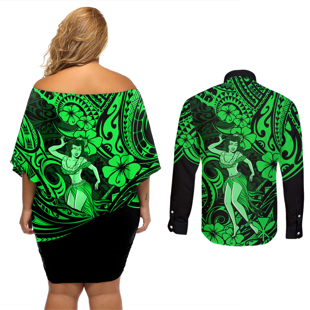 Hawaii Hula Girl Couples Matching Off Shoulder Short Dress and Long Sleeve Button Shirts Polynesian Pattern Green Version LT01 - Polynesian Pride