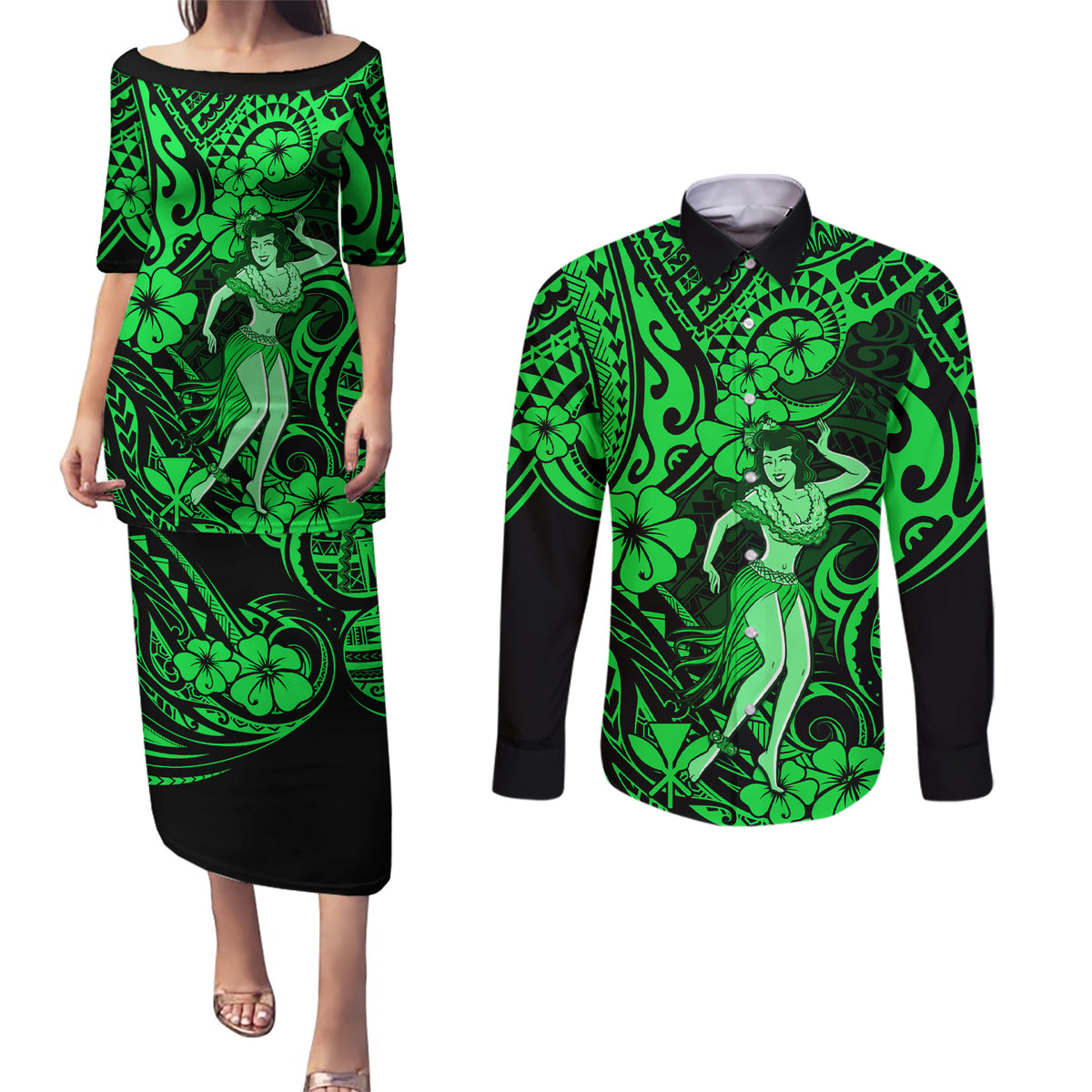 Hawaii Hula Girl Couples Matching Puletasi Dress and Long Sleeve Button Shirts Polynesian Pattern Green Version LT01 Green - Polynesian Pride