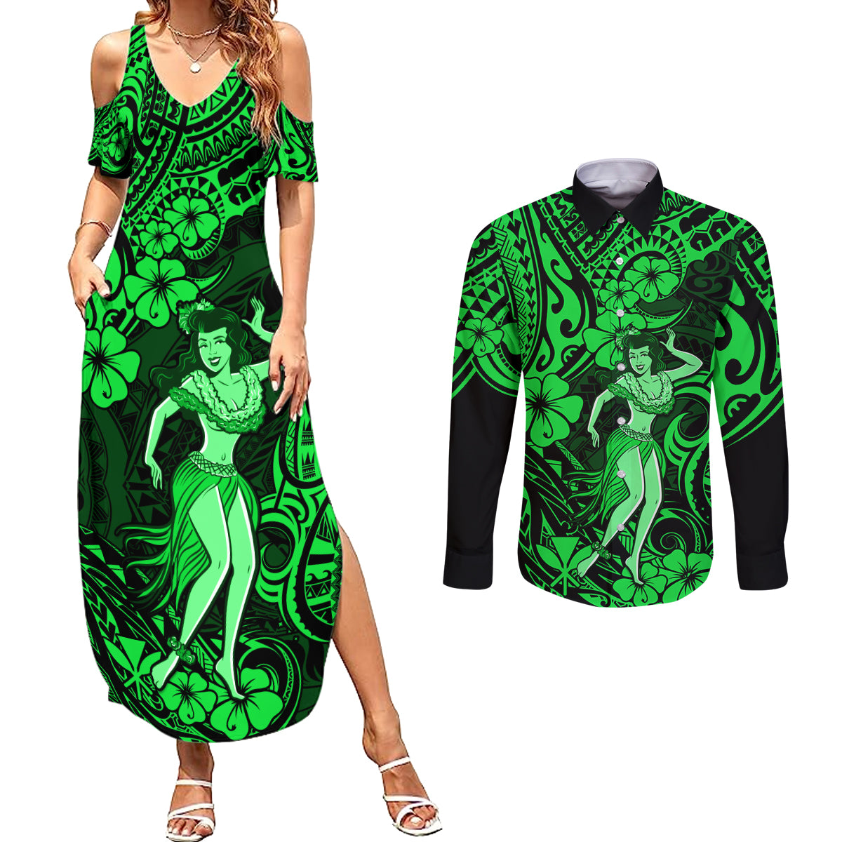 Hawaii Hula Girl Couples Matching Summer Maxi Dress and Long Sleeve Button Shirts Polynesian Pattern Green Version LT01 Green - Polynesian Pride