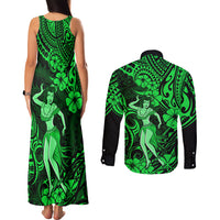 Hawaii Hula Girl Couples Matching Tank Maxi Dress and Long Sleeve Button Shirts Polynesian Pattern Green Version LT01 - Polynesian Pride