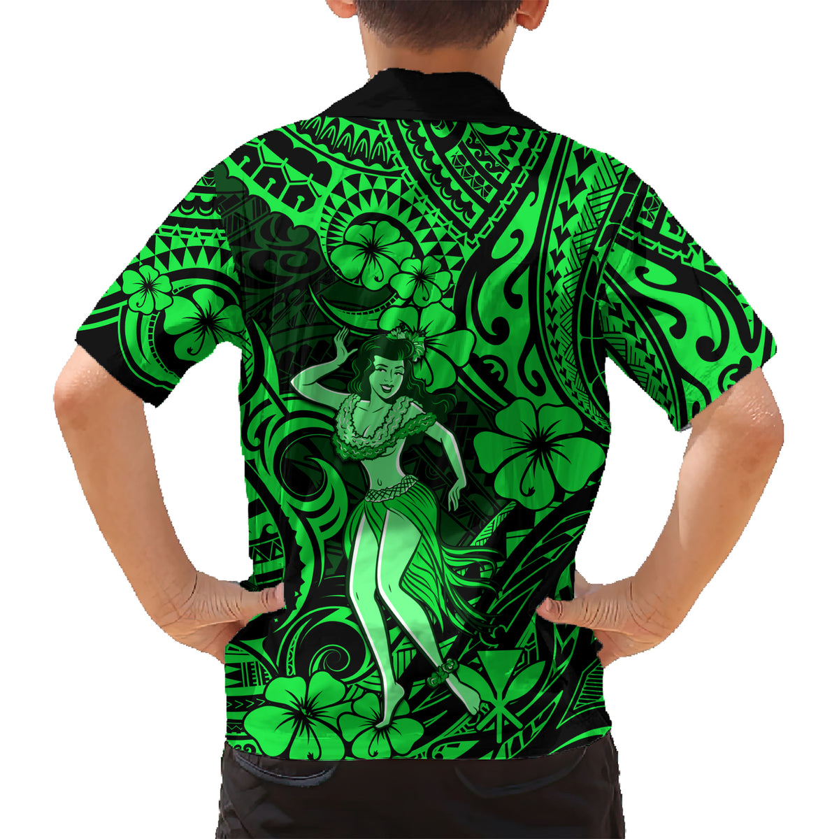 Hawaii Hula Girl Family Matching Short Sleeve Bodycon Dress and Hawaiian Shirt Polynesian Pattern Green Version LT01 - Polynesian Pride