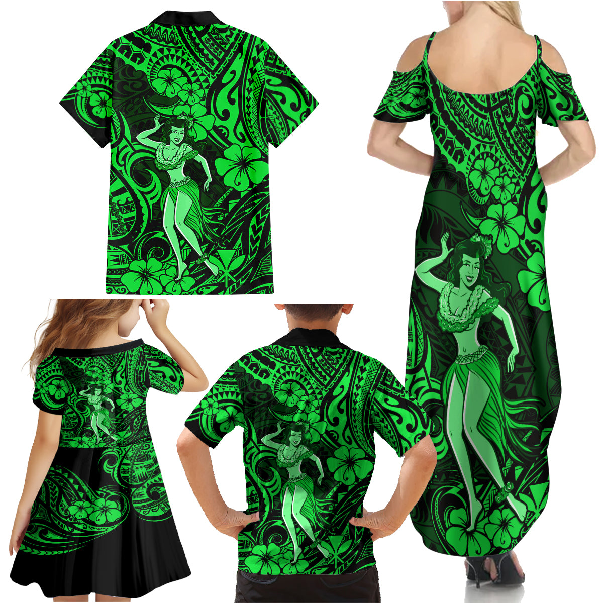 Hawaii Hula Girl Family Matching Summer Maxi Dress and Hawaiian Shirt Polynesian Pattern Green Version LT01 - Polynesian Pride