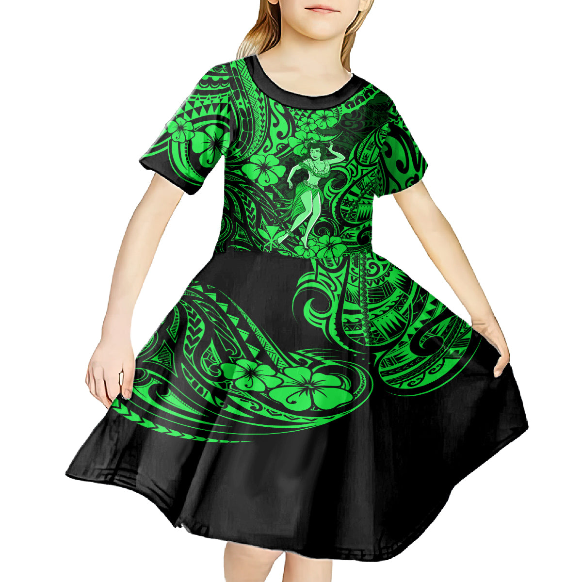 Hawaii Hula Girl Kid Short Sleeve Dress Polynesian Pattern Green Version LT01 - Polynesian Pride