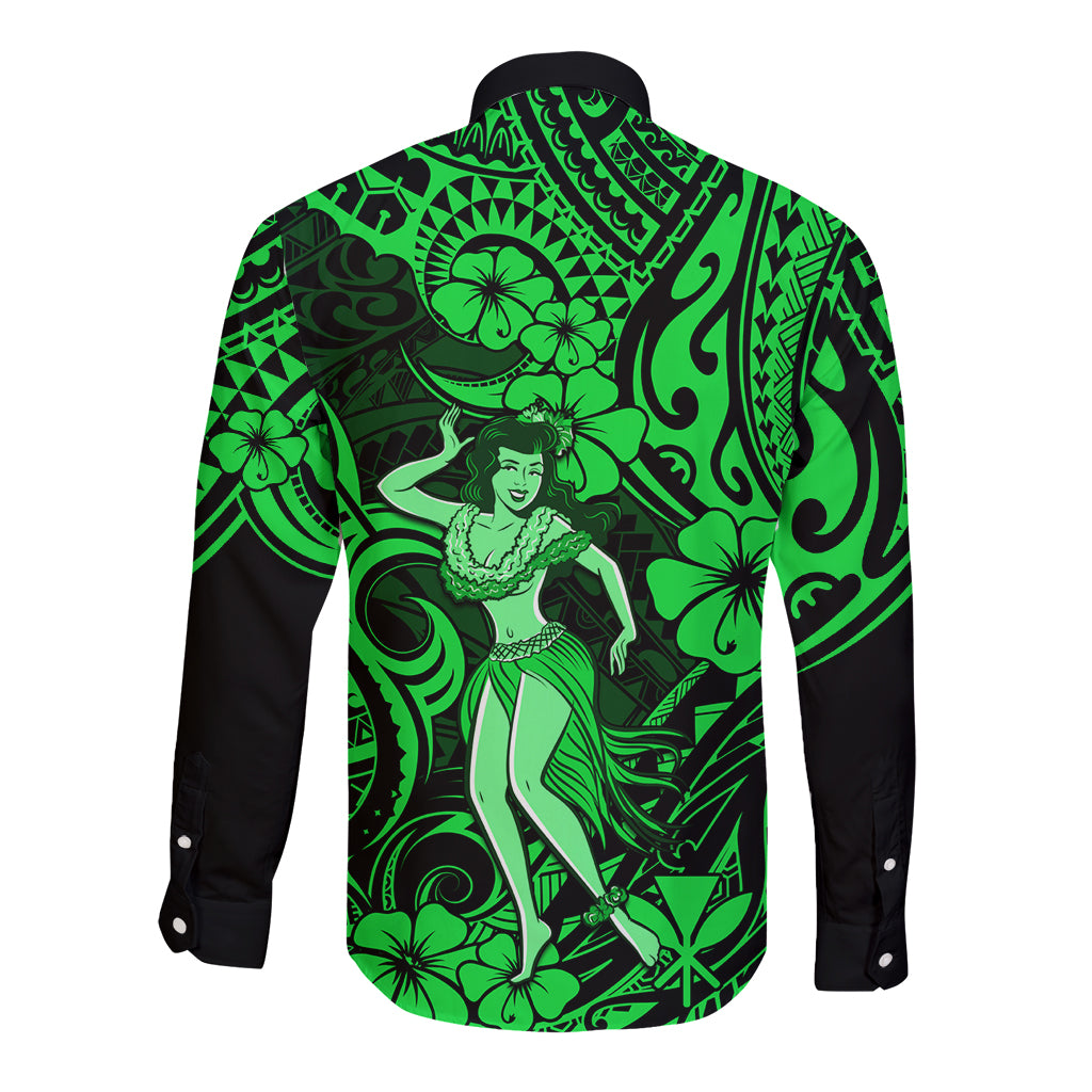 Hawaii Hula Girl Long Sleeve Button Shirt Polynesian Pattern Green Version LT01 - Polynesian Pride