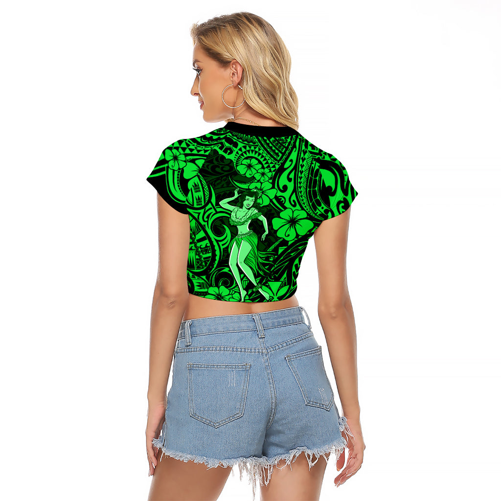 Hawaii Hula Girl Raglan Cropped T Shirt Polynesian Pattern Green Version LT01 - Polynesian Pride