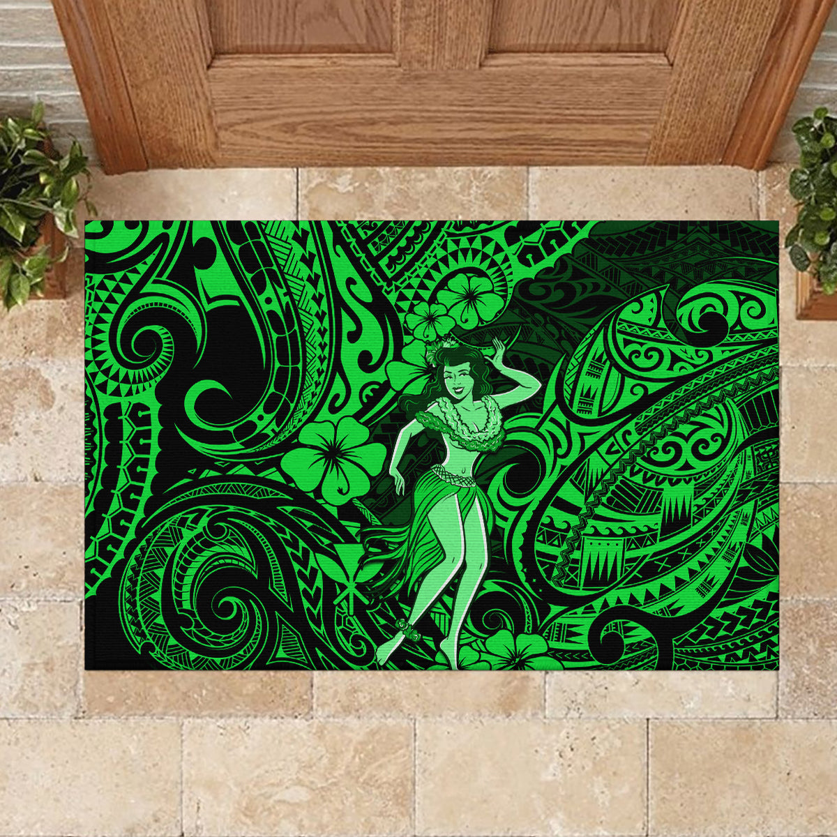 Hawaii Hula Girl Rubber Doormat Polynesian Pattern Green Version LT01 - Polynesian Pride