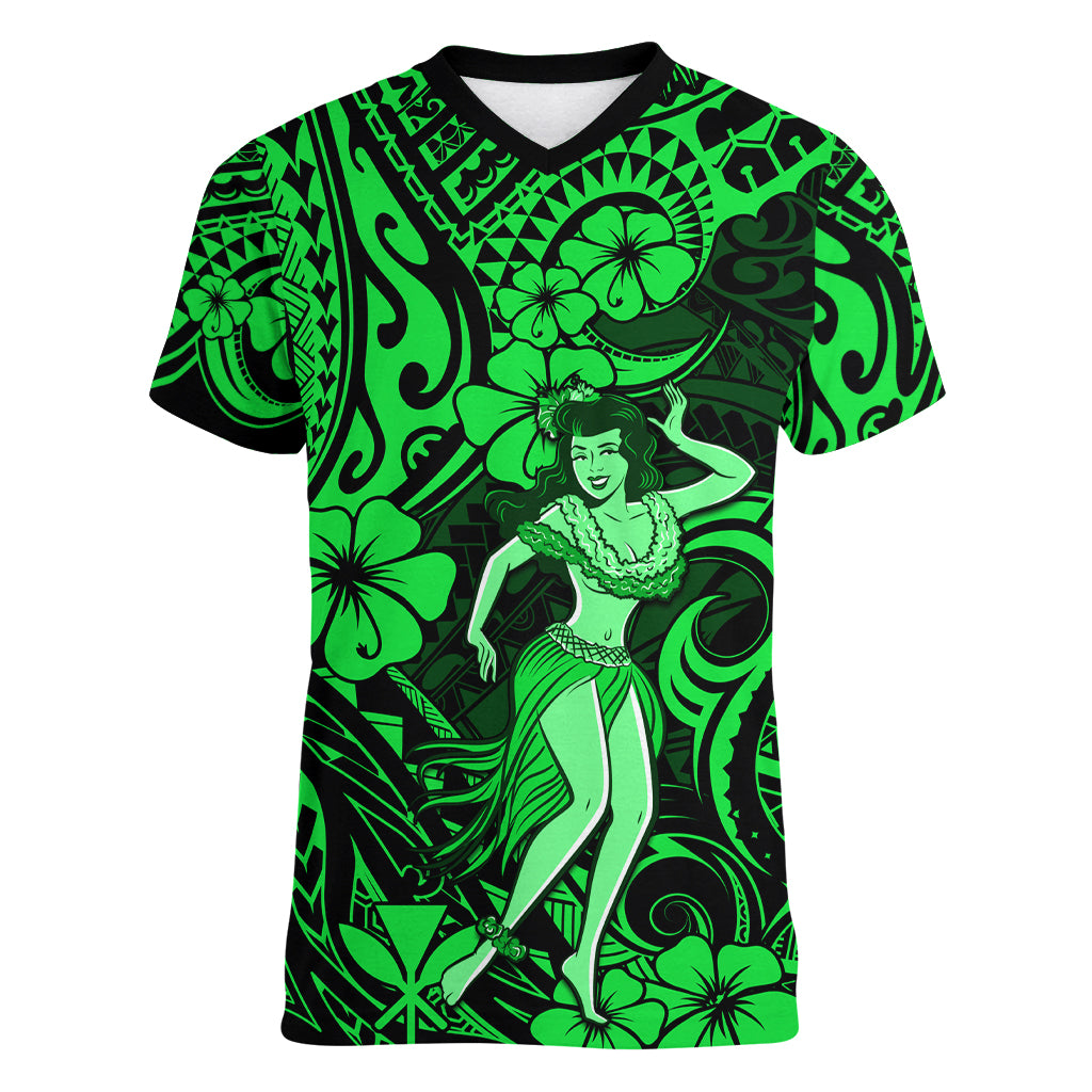 Hawaii Hula Girl Women V Neck T Shirt Polynesian Pattern Green Version LT01 Female Green - Polynesian Pride