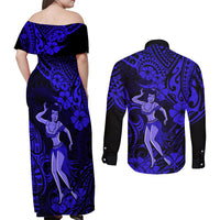 Hawaii Hula Girl Couples Matching Off Shoulder Maxi Dress and Long Sleeve Button Shirts Polynesian Pattern Navy Blue Version LT01 - Polynesian Pride