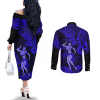 Hawaii Hula Girl Couples Matching Off The Shoulder Long Sleeve Dress and Long Sleeve Button Shirts Polynesian Pattern Navy Blue Version LT01 - Polynesian Pride