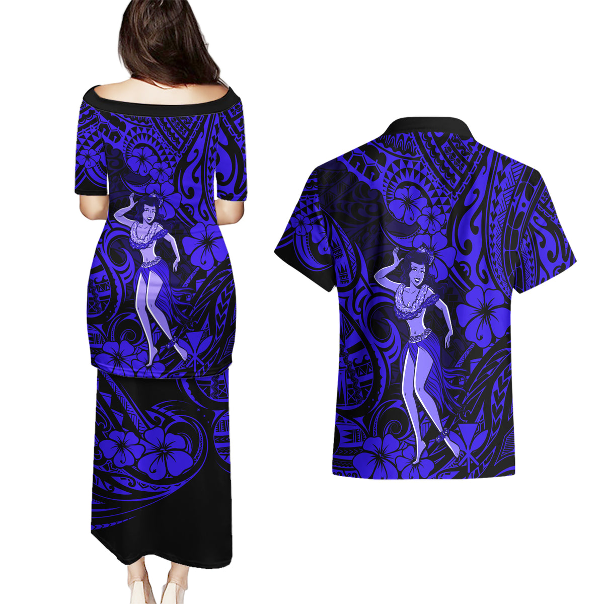 Hawaii Hula Girl Couples Matching Puletasi Dress and Hawaiian Shirt Polynesian Pattern Navy Blue Version LT01 - Polynesian Pride