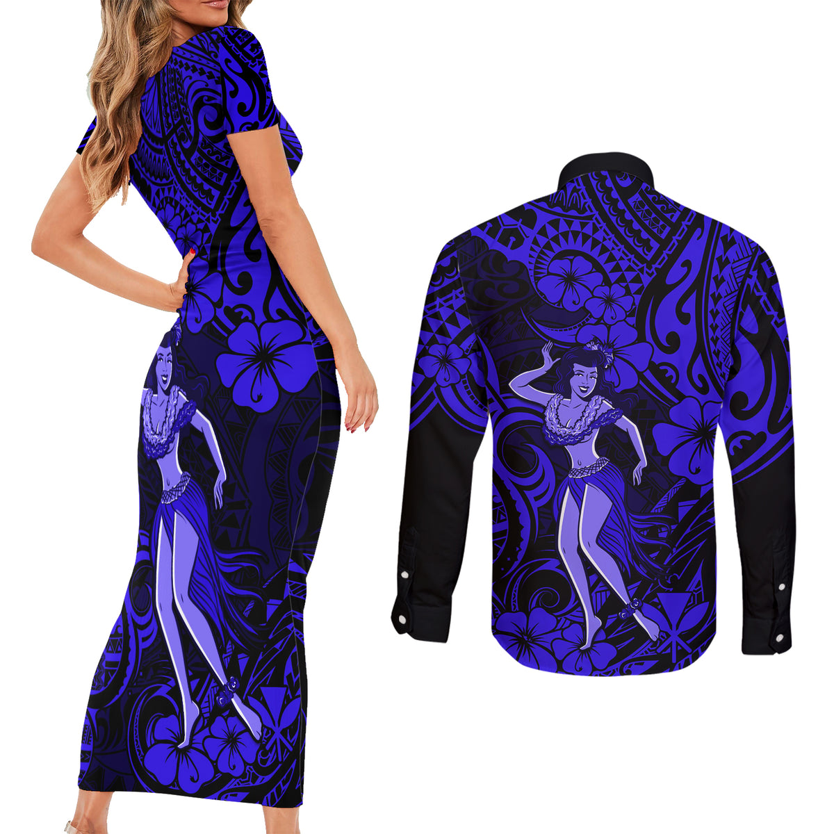 Hawaii Hula Girl Couples Matching Short Sleeve Bodycon Dress and Long Sleeve Button Shirts Polynesian Pattern Navy Blue Version LT01 - Polynesian Pride