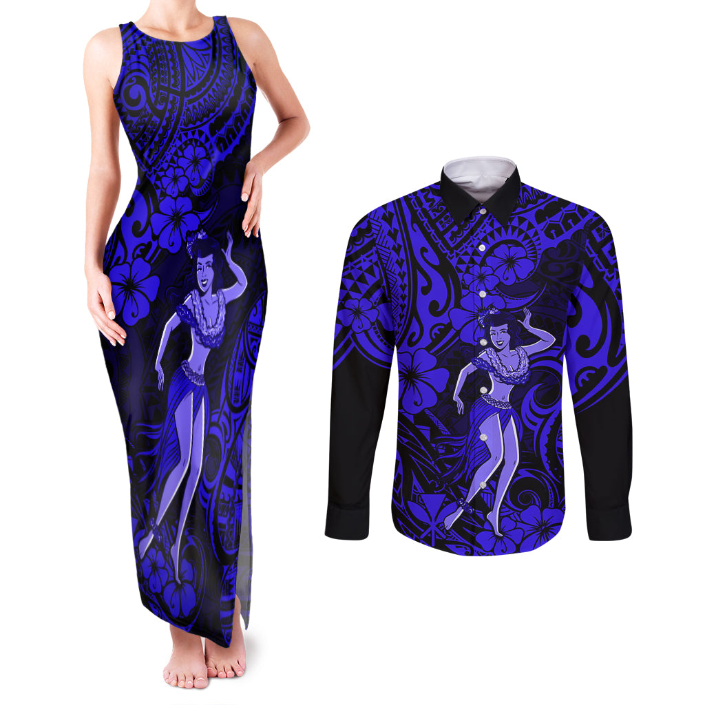 Hawaii Hula Girl Couples Matching Tank Maxi Dress and Long Sleeve Button Shirts Polynesian Pattern Navy Blue Version LT01 Blue - Polynesian Pride