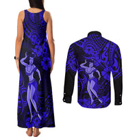 Hawaii Hula Girl Couples Matching Tank Maxi Dress and Long Sleeve Button Shirts Polynesian Pattern Navy Blue Version LT01 - Polynesian Pride