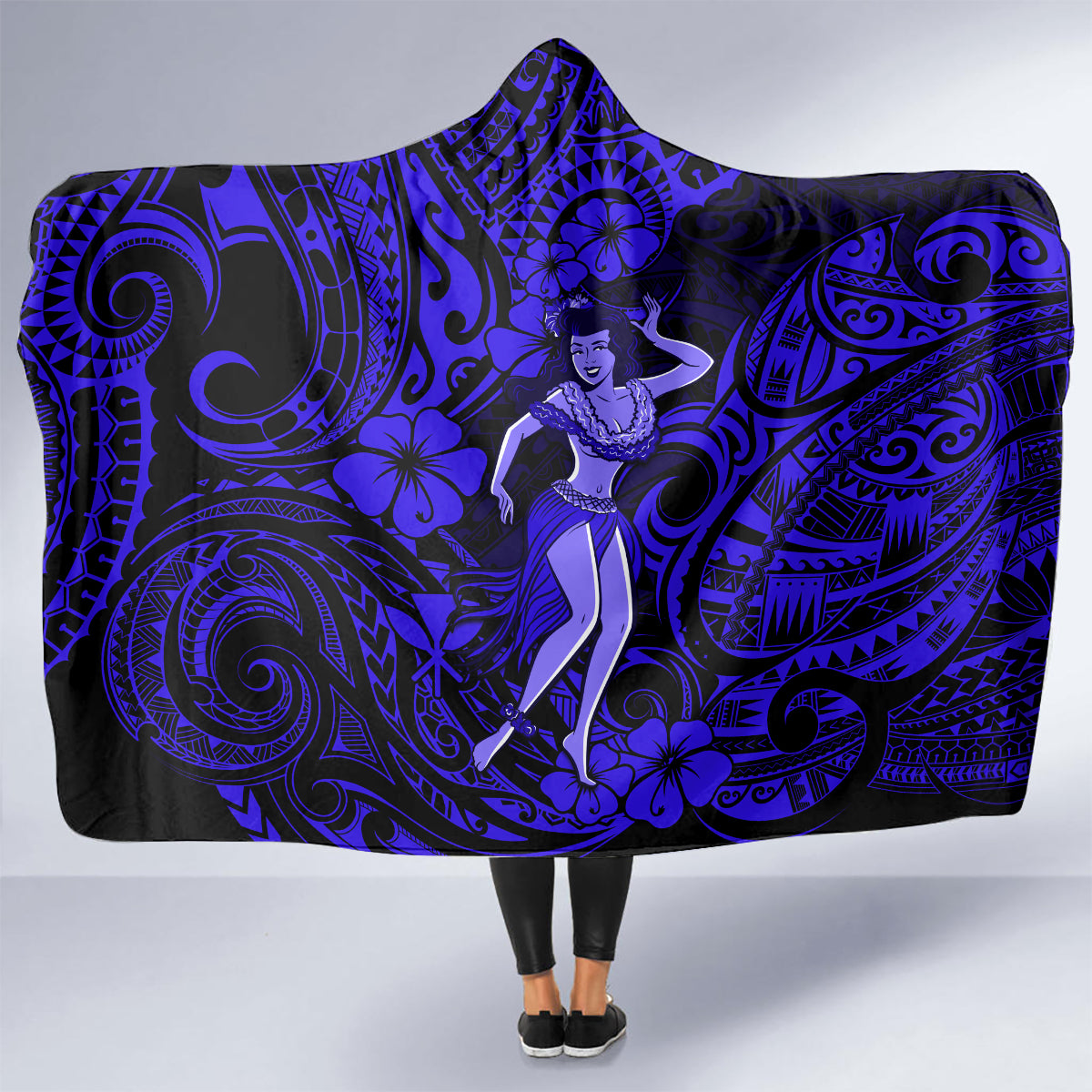 Hawaii Hula Girl Hooded Blanket Polynesian Pattern Navy Blue Version LT01 - Polynesian Pride
