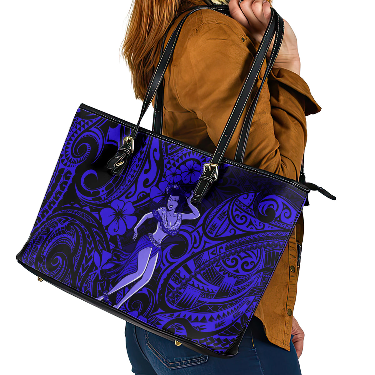 Hawaii Hula Girl Leather Tote Bag Polynesian Pattern Navy Blue Version LT01 - Polynesian Pride