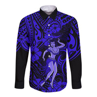 Hawaii Hula Girl Long Sleeve Button Shirt Polynesian Pattern Navy Blue Version LT01 Unisex Blue - Polynesian Pride