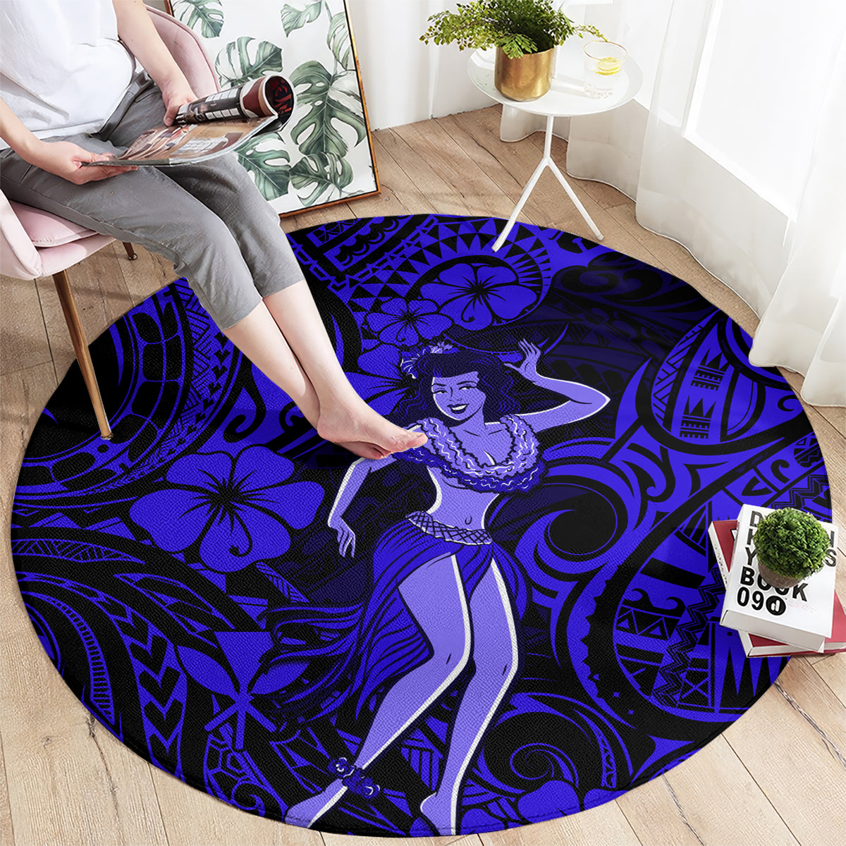 Hawaii Hula Girl Round Carpet Polynesian Pattern Navy Blue Version LT01 - Polynesian Pride