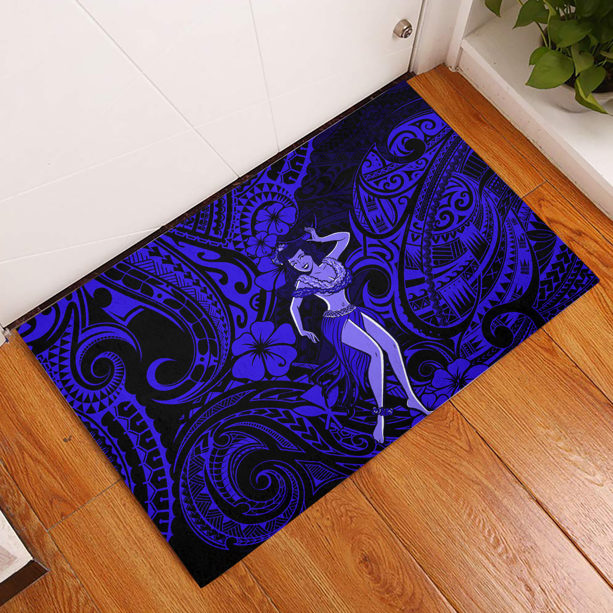 Hawaii Hula Girl Rubber Doormat Polynesian Pattern Navy Blue Version LT01 Blue - Polynesian Pride