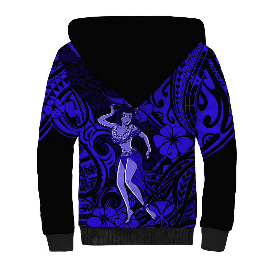 Hawaii Hula Girl Sherpa Hoodie Polynesian Pattern Navy Blue Version LT01 - Polynesian Pride