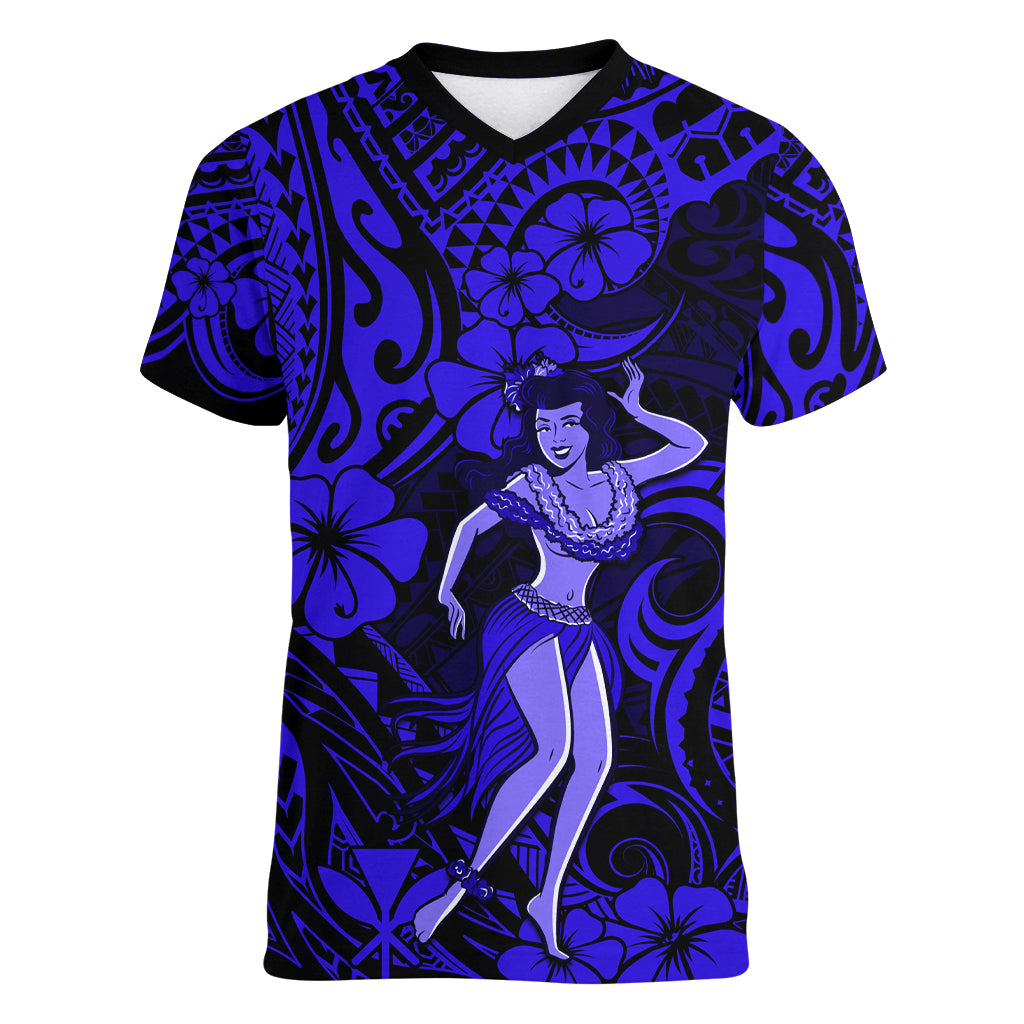 Hawaii Hula Girl Women V Neck T Shirt Polynesian Pattern Navy Blue Version LT01 Female Blue - Polynesian Pride