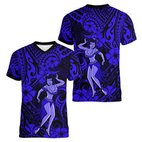 Hawaii Hula Girl Women V Neck T Shirt Polynesian Pattern Navy Blue Version LT01 - Polynesian Pride