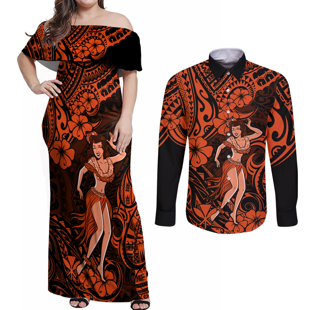 Hawaii Hula Girl Couples Matching Off Shoulder Maxi Dress and Long Sleeve Button Shirts Polynesian Pattern Orange Version LT01 Orange - Polynesian Pride