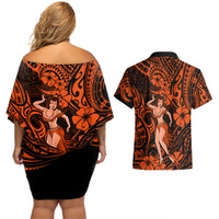 Hawaii Hula Girl Couples Matching Off Shoulder Short Dress and Hawaiian Shirt Polynesian Pattern Orange Version LT01 - Polynesian Pride