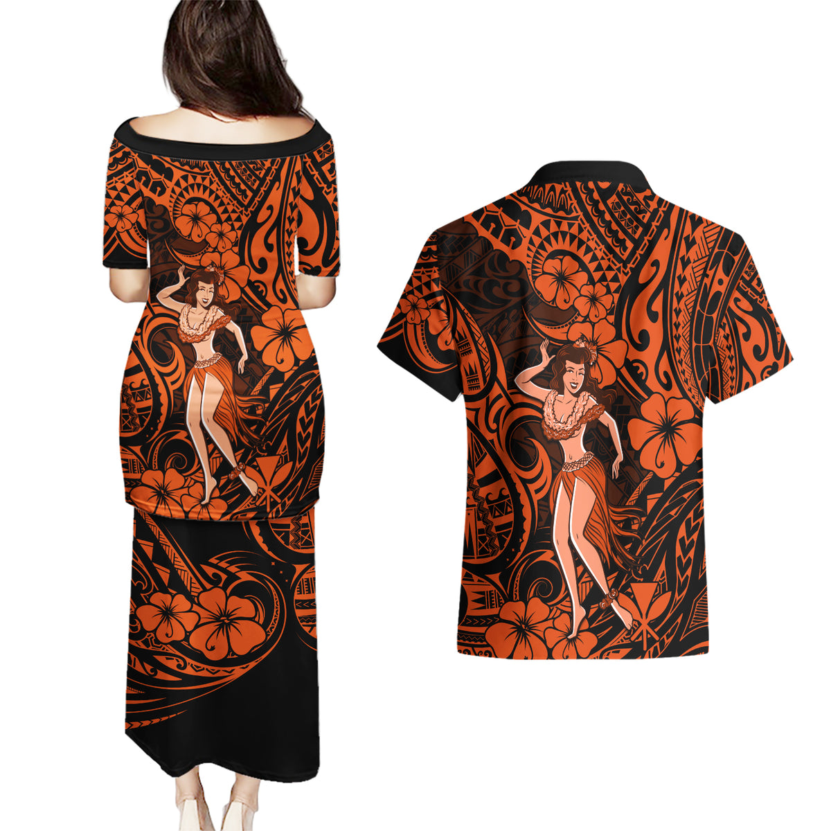 Hawaii Hula Girl Couples Matching Puletasi Dress and Hawaiian Shirt Polynesian Pattern Orange Version LT01 - Polynesian Pride