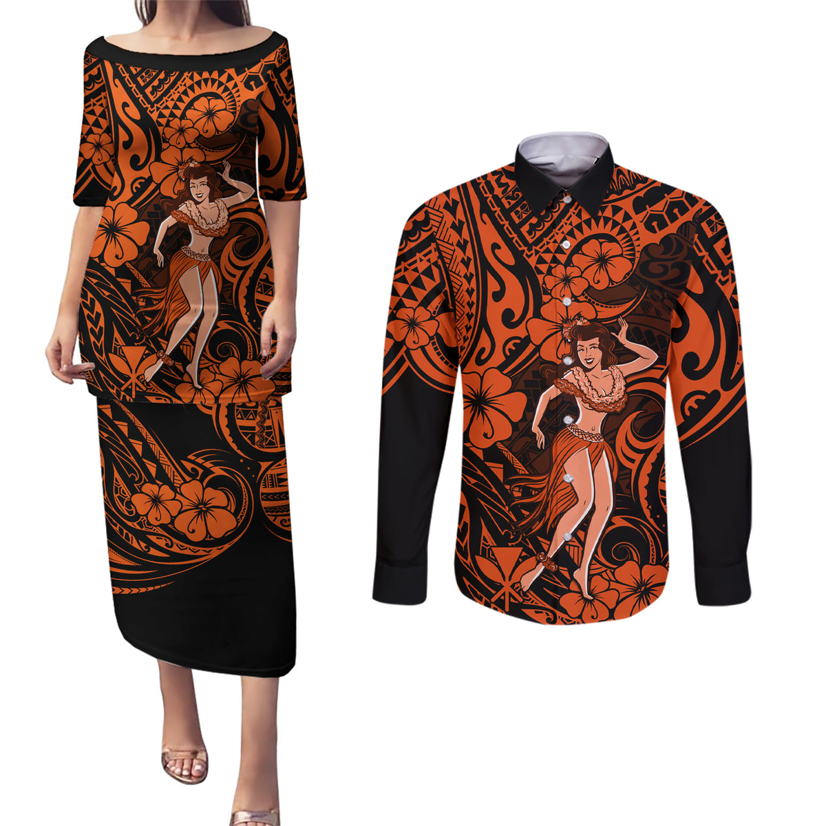 Hawaii Hula Girl Couples Matching Puletasi Dress and Long Sleeve Button Shirts Polynesian Pattern Orange Version LT01 Orange - Polynesian Pride