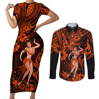 Hawaii Hula Girl Couples Matching Short Sleeve Bodycon Dress and Long Sleeve Button Shirts Polynesian Pattern Orange Version LT01 Orange - Polynesian Pride