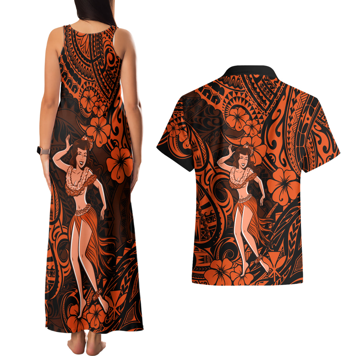 Hawaii Hula Girl Couples Matching Tank Maxi Dress and Hawaiian Shirt Polynesian Pattern Orange Version LT01 - Polynesian Pride