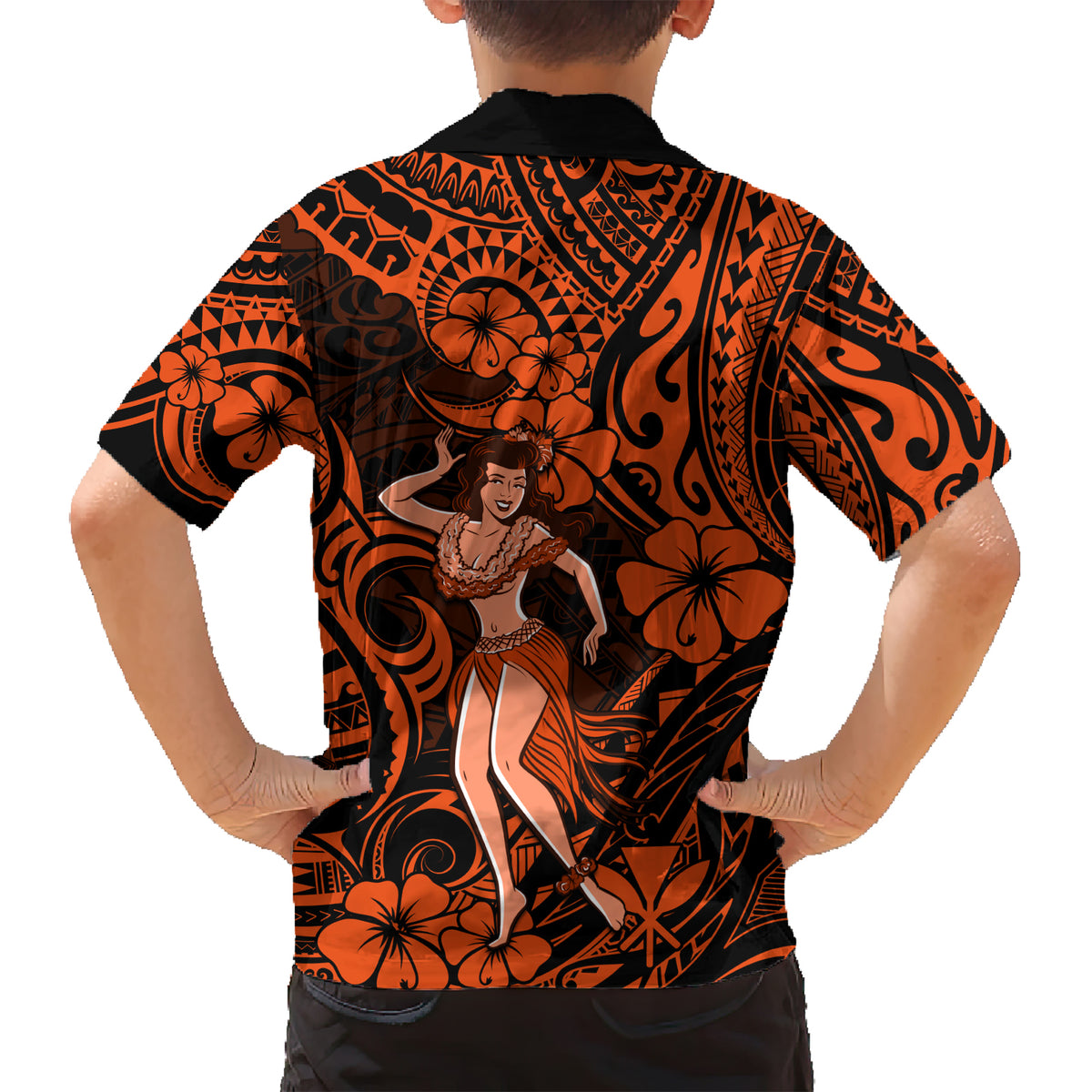 Hawaii Hula Girl Family Matching Short Sleeve Bodycon Dress and Hawaiian Shirt Polynesian Pattern Orange Version LT01 - Polynesian Pride
