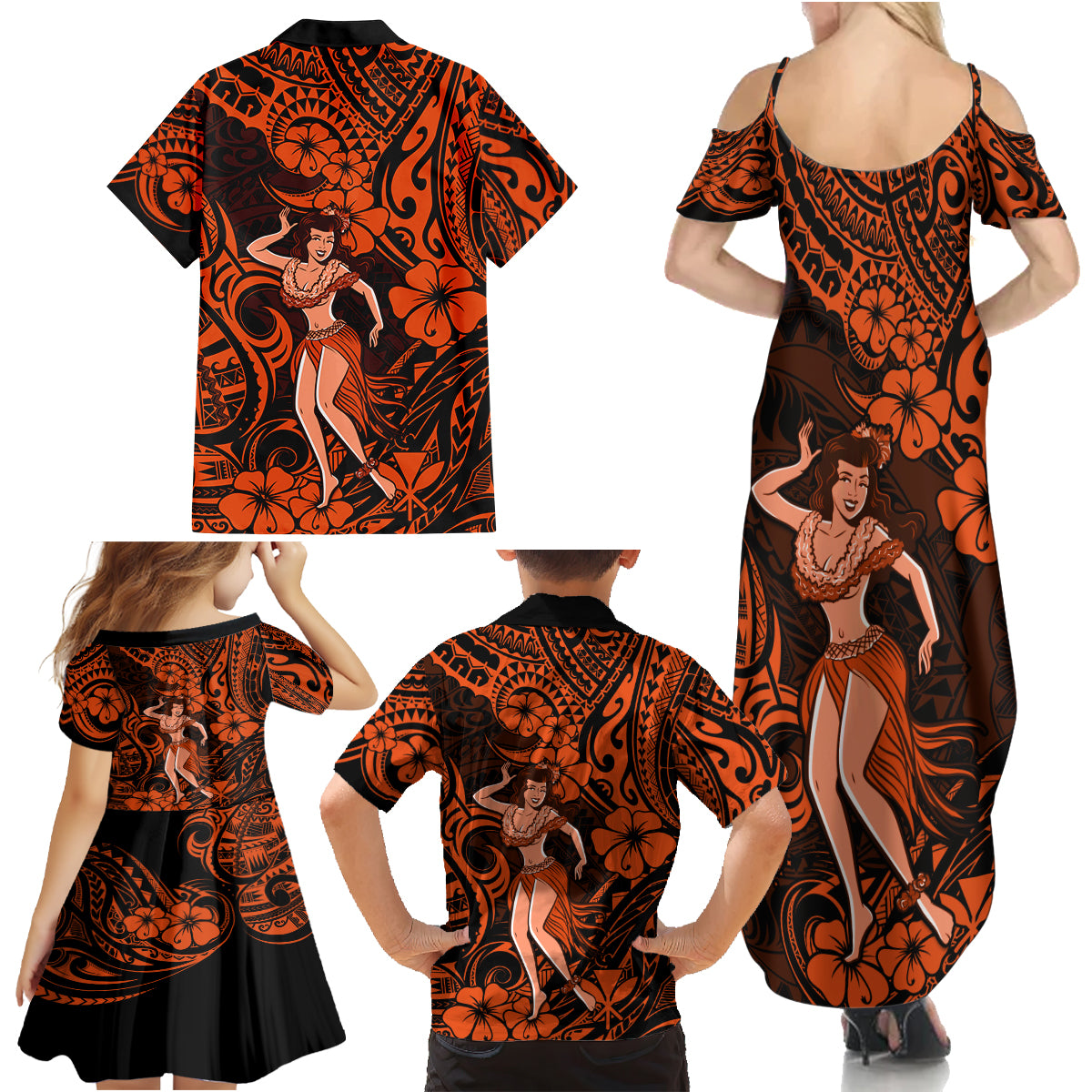 Hawaii Hula Girl Family Matching Summer Maxi Dress and Hawaiian Shirt Polynesian Pattern Orange Version LT01 - Polynesian Pride