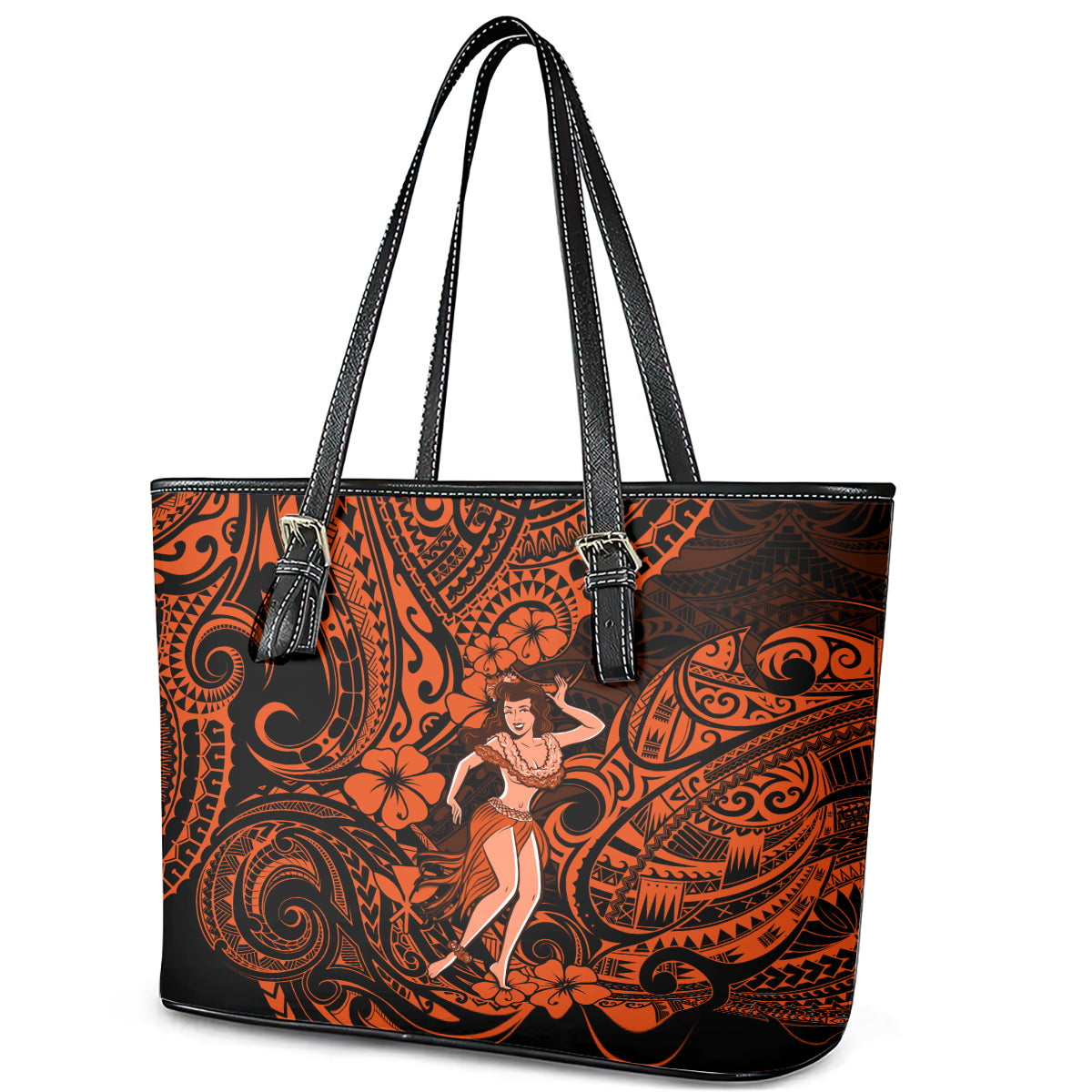 Hawaii Hula Girl Leather Tote Bag Polynesian Pattern Orange Version LT01 - Polynesian Pride